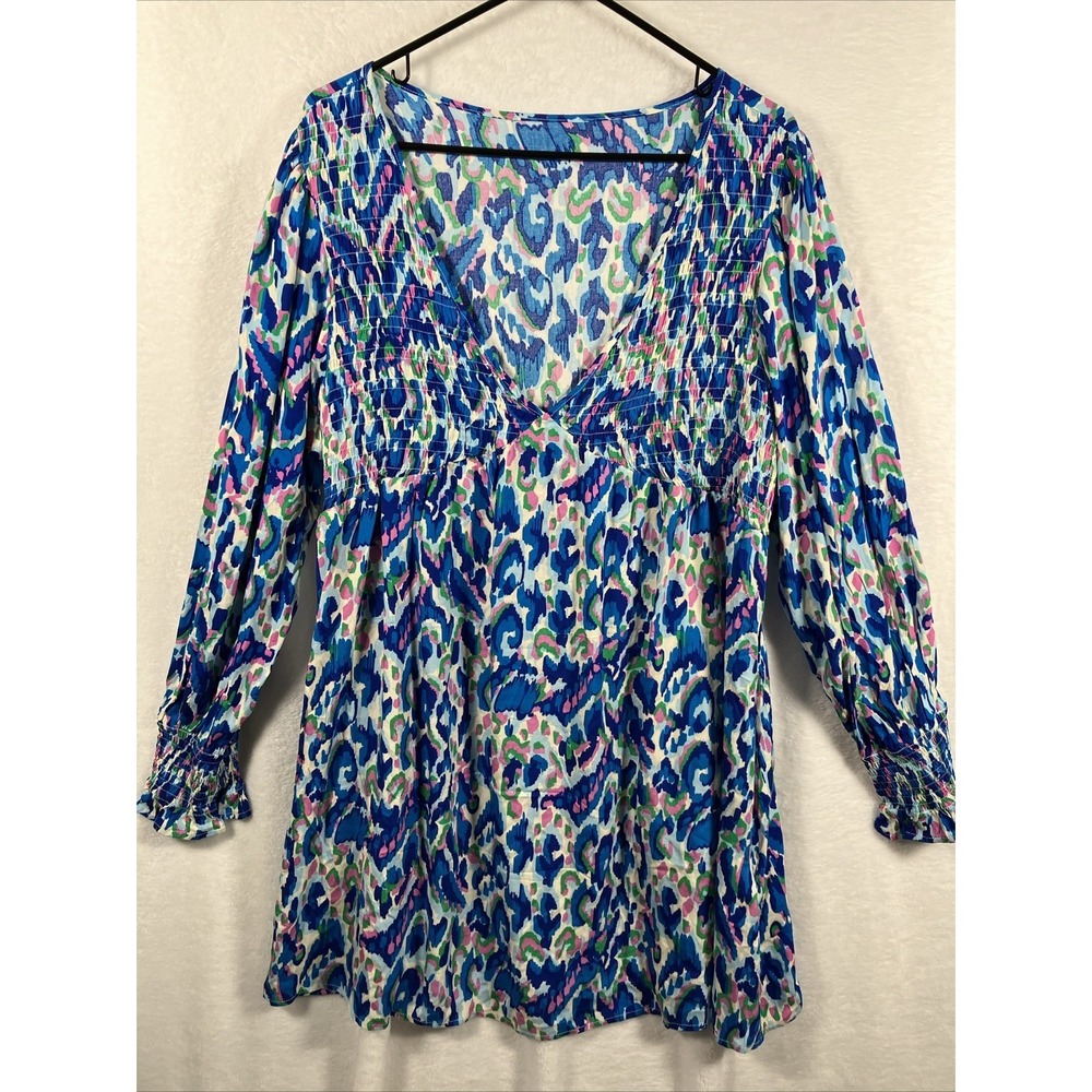CUPSHE Blue Abstract Mini Dress XL Smocked Plunge V-Neck Beach Vacation NWT